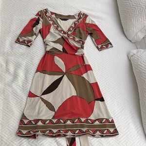 BCBGMaxAzria Red and Brown Patterned Midi Dress